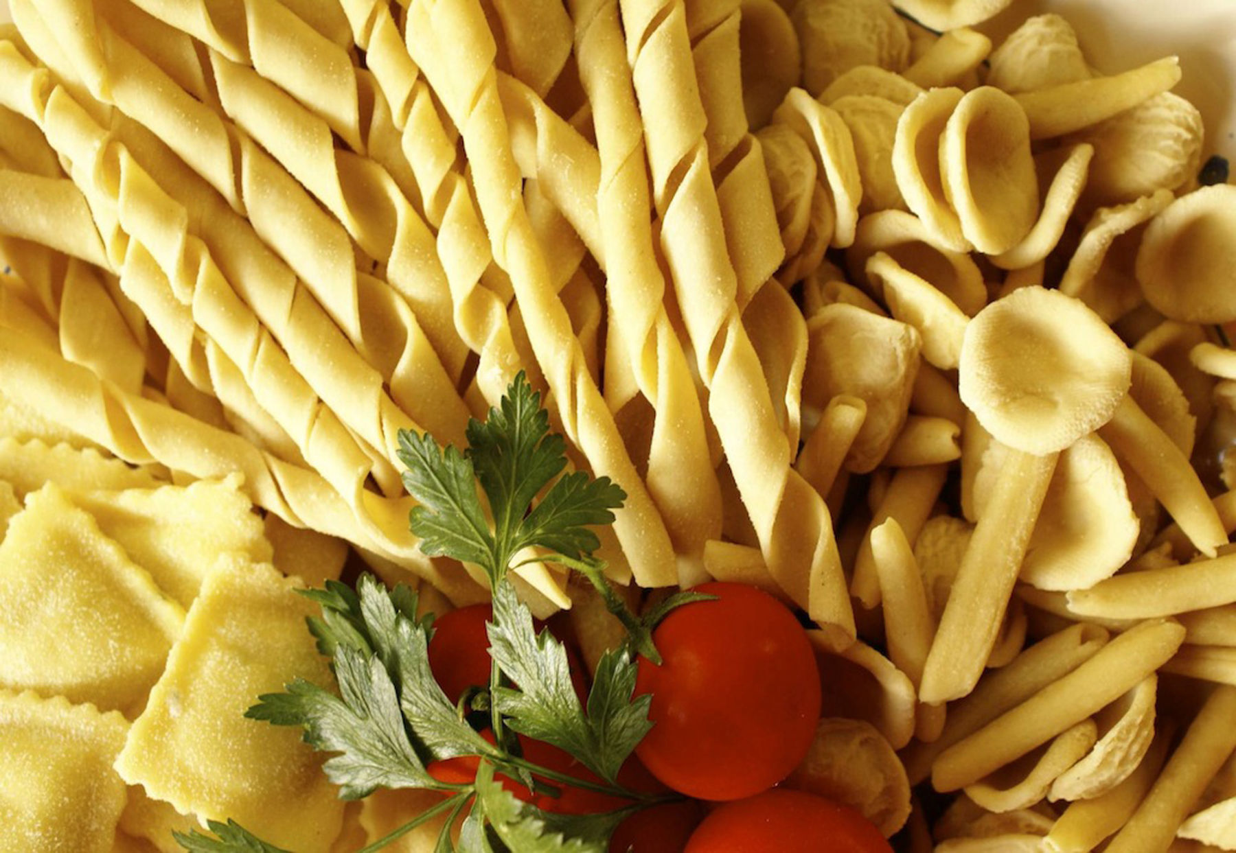 Assorted homemade pasta types - fusilli, penne and shells with herbs